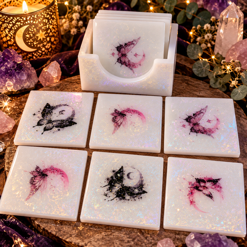 Moonlit Butterflies handmade colour-shifting glitter resin coaster set — 6 unique butterfly and moon designs with matching white holder