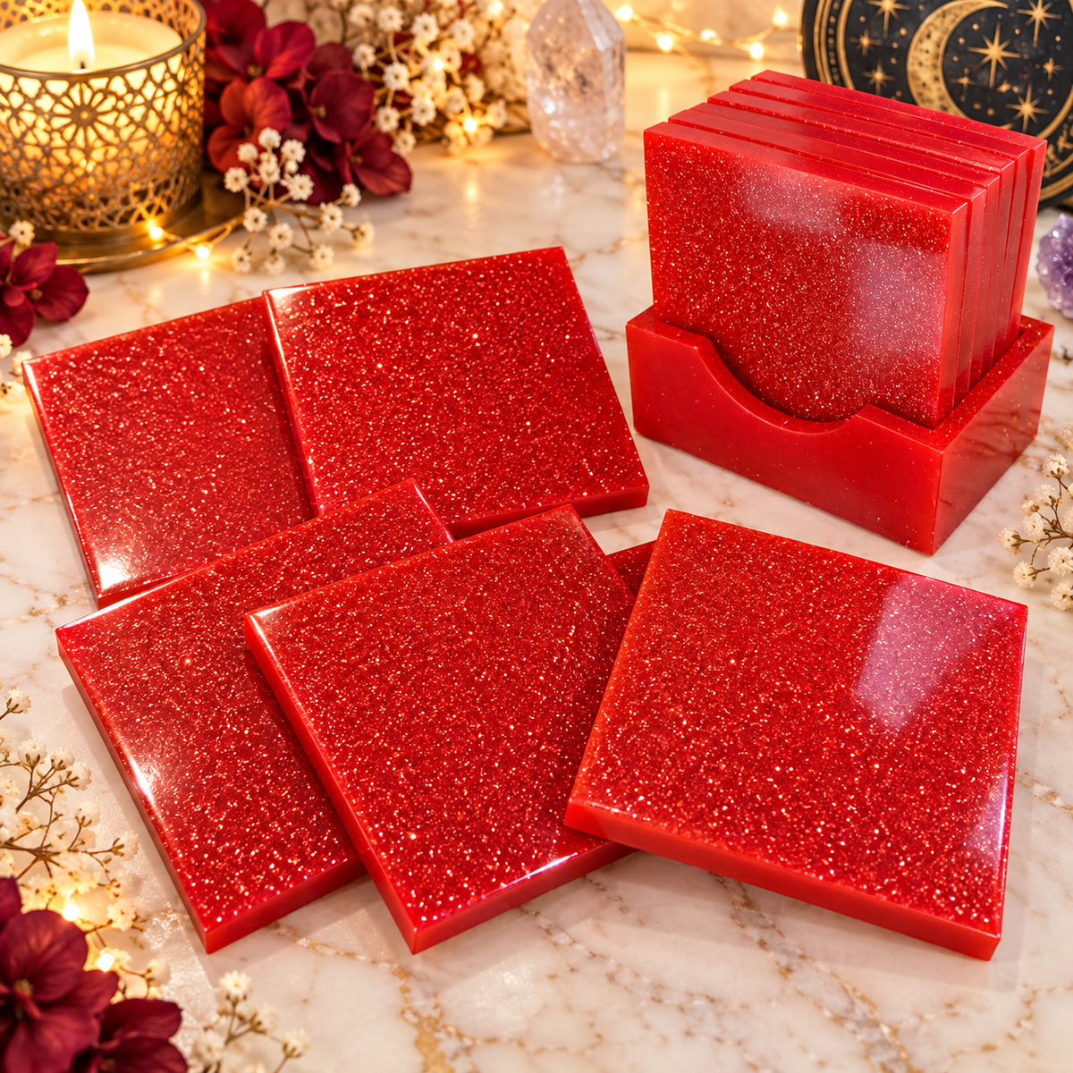 Ruby Red Glitter Resin Coaster Set – 6 Coasters & Matching Holder